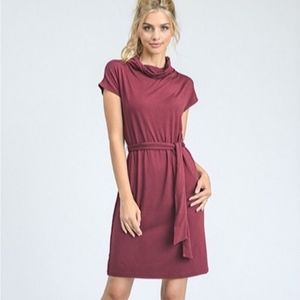 Maroon Mock Neck Shortsleeve Waist Tie Dress